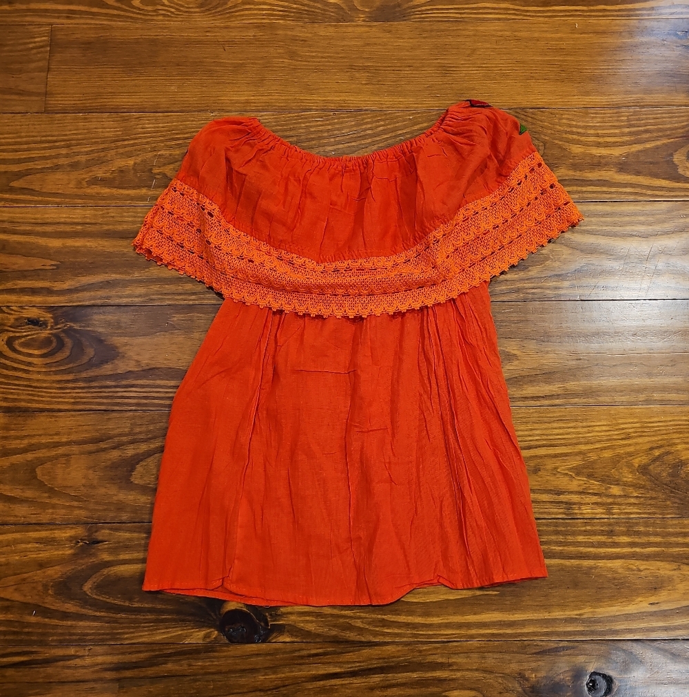 Mexican Orange Off Shoulder Handmade Floral Boho Blouse Womens Medium - Picture 2 of 2